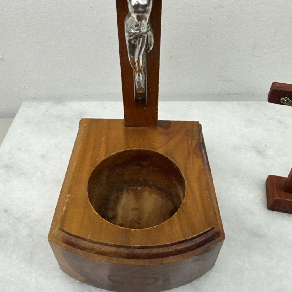2 Vintage Wooden Crucifix Alter & Prayer Religious Candle Holder Made in USA